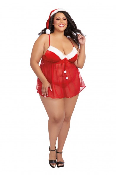 Santa Babydoll, Thong and Hat - 1x - Lipstick Red