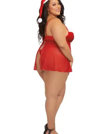 Santa Babydoll, Thong and Hat - 2x - Lipstick Red