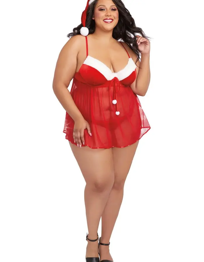 Santa Babydoll, Thong and Hat - 2x - Lipstick Red