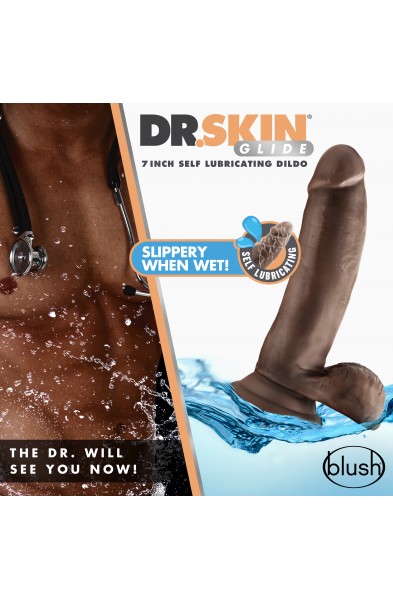 Dr. Skin Glide - 7 Inch Self Lubricating Dildo  With Balls - Chocolate