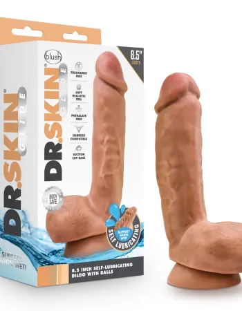 Dr. Skin Glide - 8.5 Inch Self Lubricating Dildo Lubricating Dildo With Balls - Mocha