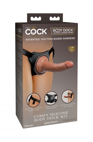 King Cock Elite Comfy Silicone Body Dock Kit -  Harness and 7 Inch Dildo - Tan