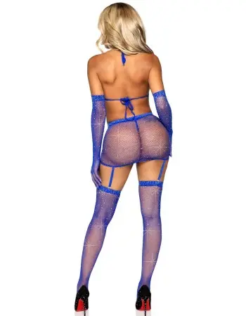 5 Pc Rhinestone Bikini Top G-String Garter Skirt,  Gloves and Stockings - One Size - Royal Blue