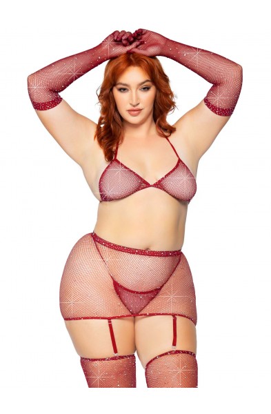 5 Pc Rhinestone Bikini Top G-String Garter Skirt,  Gloves and Stockings - Queen Size - Burgundy