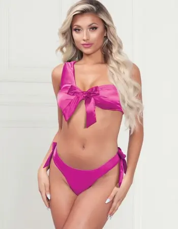 Two Piece Bra Set - Satin Bra With Assymetrical  Shoulder Strap, Satin Ribbon Bows, and Thong -  One Size - Fuchsia