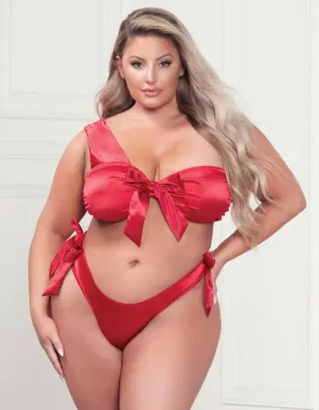 Two Piece Bra Set - Satin Bra With Assymetrical Shoulder Strap, Satin Ribbon Bows, and Thong - Queen Size - Red