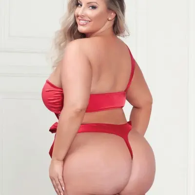 Two Piece Bra Set - Satin Bra With Assymetrical Shoulder Strap, Satin Ribbon Bows, and Thong - Queen Size - Red
