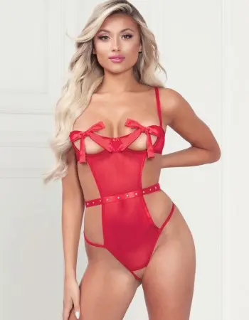 Mesh Teddy With Underwire, Satin Ribbon Bows, Rhinestone Belt, Hook and Eye Back Closure, and Open Thong - One Size - Red