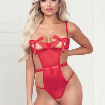 Mesh Teddy With Underwire, Satin Ribbon Bows, Rhinestone Belt, Hook and Eye Back Closure, and Open Thong - One Size - Red