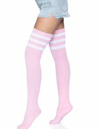 3 Stripes Athletic Ribbed Thigh Highs - One Size - Light Pink