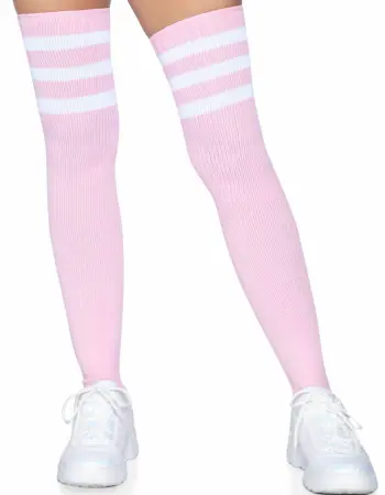 3 Stripes Athletic Ribbed Thigh Highs - One Size - Light Pink