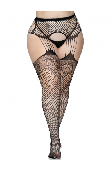 Industrial Net Stockings With Duchess Lace Top and Attached Multi Strand Garter Belt - 1x/2x - Black