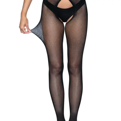 Micro Net Strappy Crotchless Tights - One Size -  Black