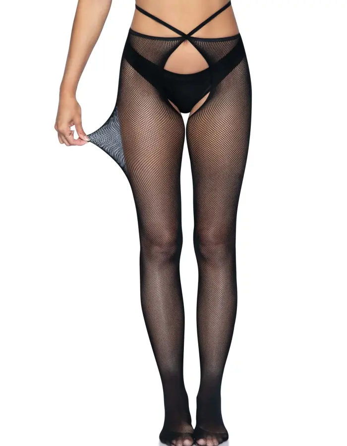 Micro Net Strappy Crotchless Tights - One Size -  Black
