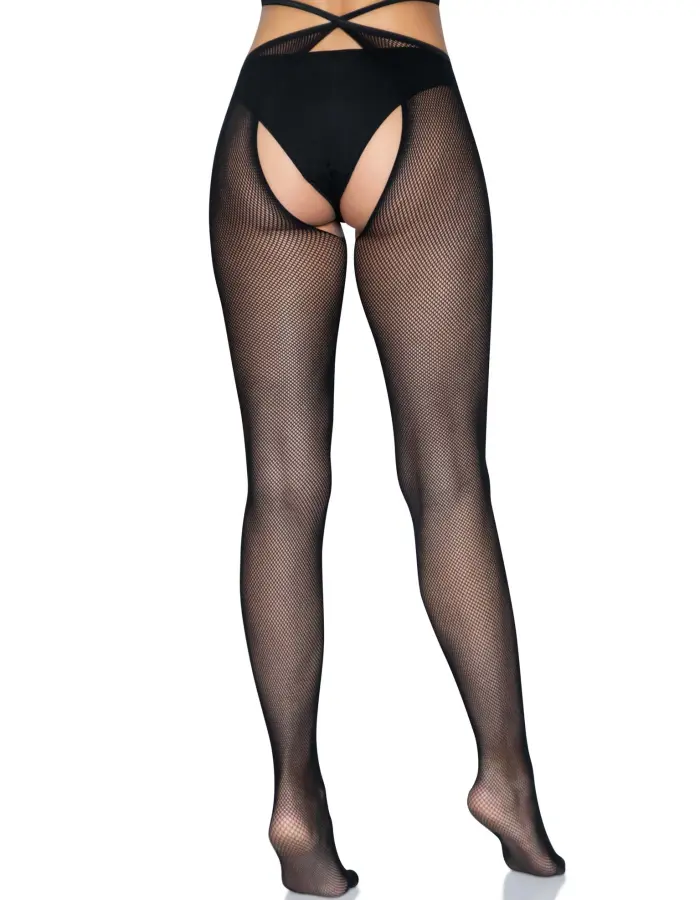 Micro Net Strappy Crotchless Tights - One Size -  Black