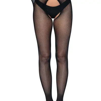Micro Net Strappy Crotchless Tights - One Size -  Black