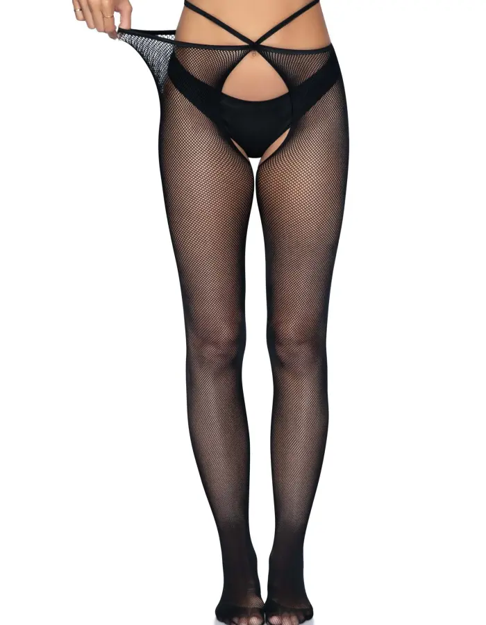 Micro Net Strappy Crotchless Tights - One Size -  Black