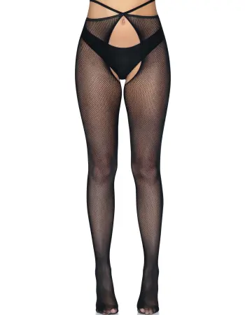 Micro Net Strappy Crotchless Tights - One Size -  Black