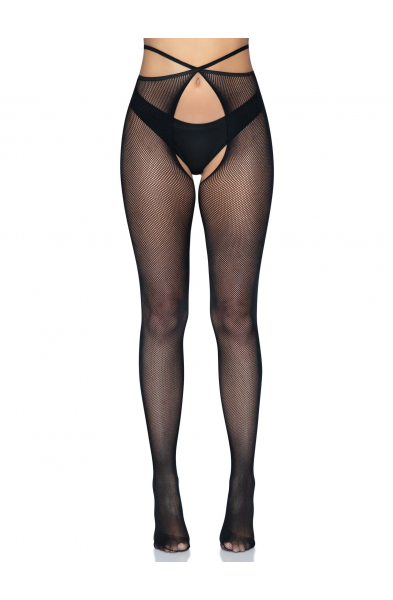 Micro Net Strappy Crotchless Tights - One Size -  Black