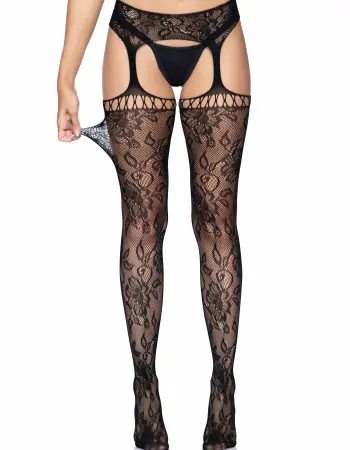 Gardenia Lace Garter Belt Stockings - One Size -  Black