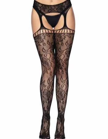 Gardenia Lace Garter Belt Stockings - One Size -  Black