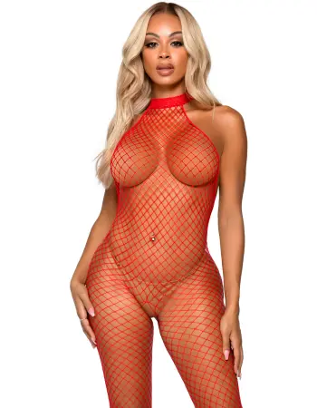 Industrial Net Racer Neck Backless Bodystocking -  One Size - Red