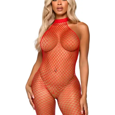 Industrial Net Racer Neck Backless Bodystocking -  One Size - Red