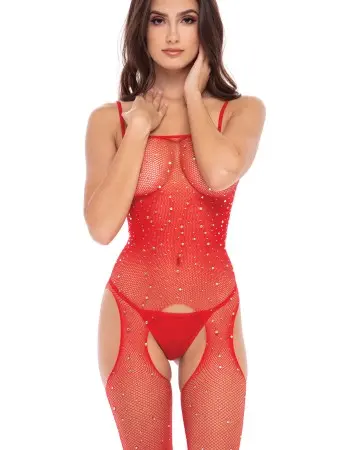 Sparkle Crotchless Bodystocking - One Size - Red
