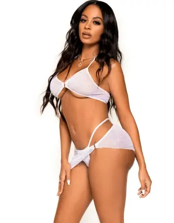 3 Pc Rhinestone Haltet Bra Top, G-String Panty,  and Sarong - Large - White