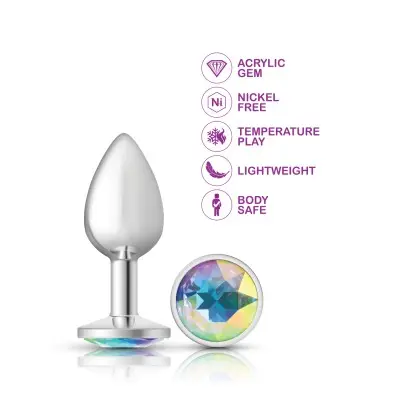 Clear Iridescent Round Gem Silver Metal Plug - Sm