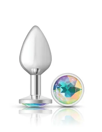 Clear Iridescent Round Gem Silver Metal Plug - Md