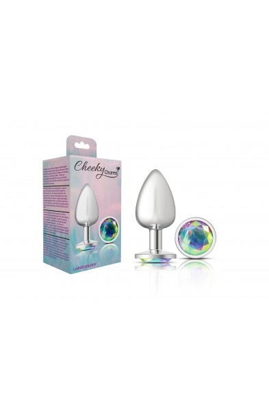 Cheeky Charms-Silver Metal Butt Plug- Round-Clear-Large