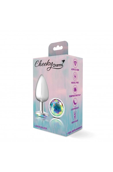 Cheeky Charms-Silver Metal Butt Plug- Round-Clear-Large