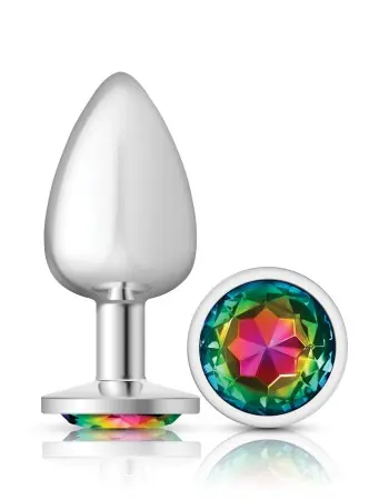 Rainbow Round Gem Silver Metal Plug - Lg