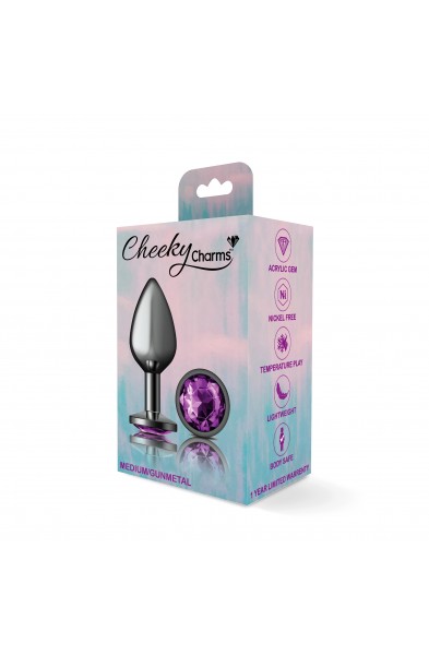 Cheeky Charms-Gunmetal Metal Butt Plug- Round-Deep Purple-Medium