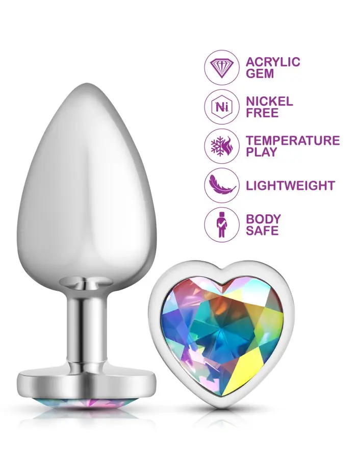 Clear Iridescent Heart Gem Silver Metal Plug - Lg
