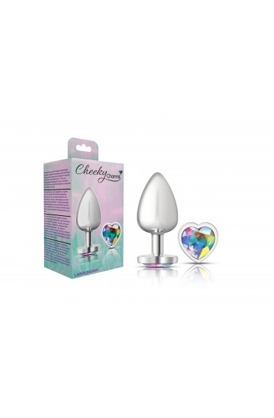 Cheeky Charms-Silver Metal Butt Plug- Heart-Clear-Large