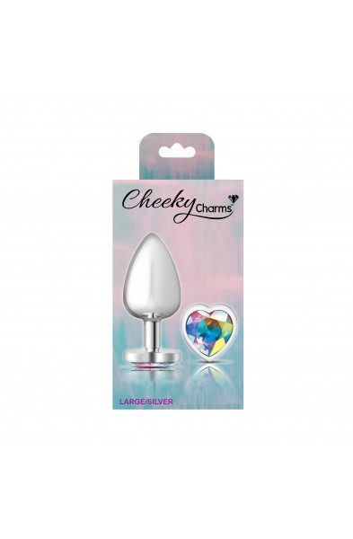 Cheeky Charms-Silver Metal Butt Plug- Heart-Clear-Large