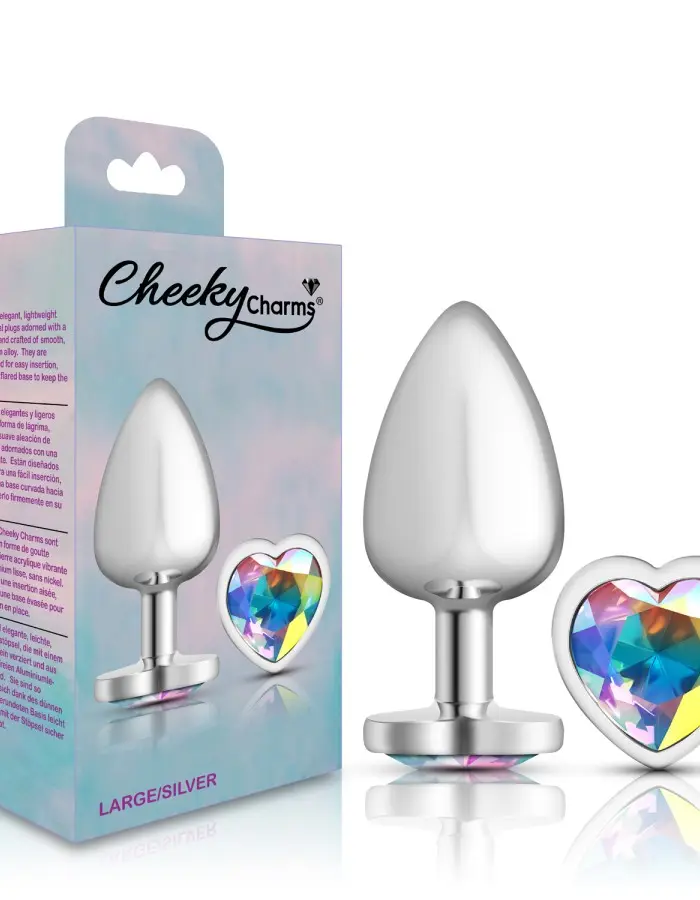Clear Iridescent Heart Gem Silver Metal Plug - Lg