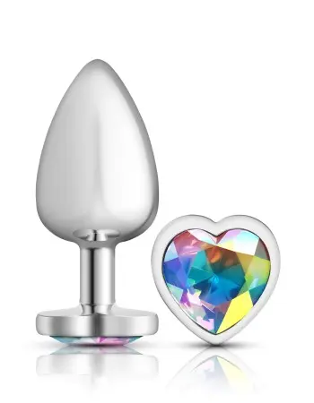 Clear Iridescent Heart Gem Silver Metal Plug - Lg