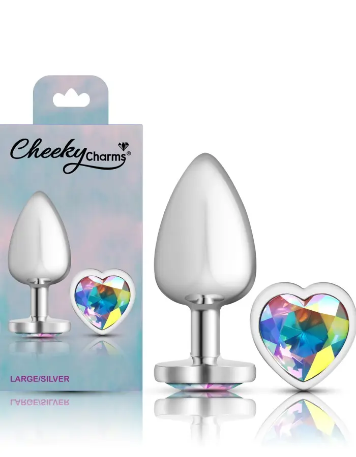 Clear Iridescent Heart Gem Silver Metal Plug - Lg