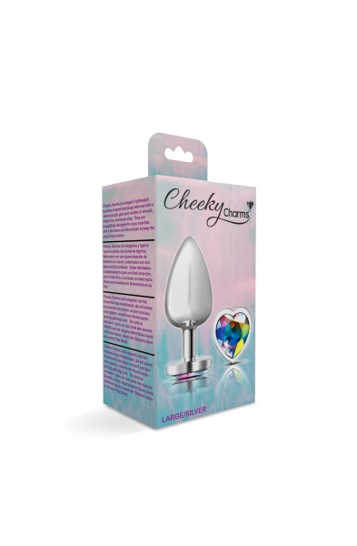 Cheeky Charms-Silver Metal Butt Plug- Heart-Clear-Large