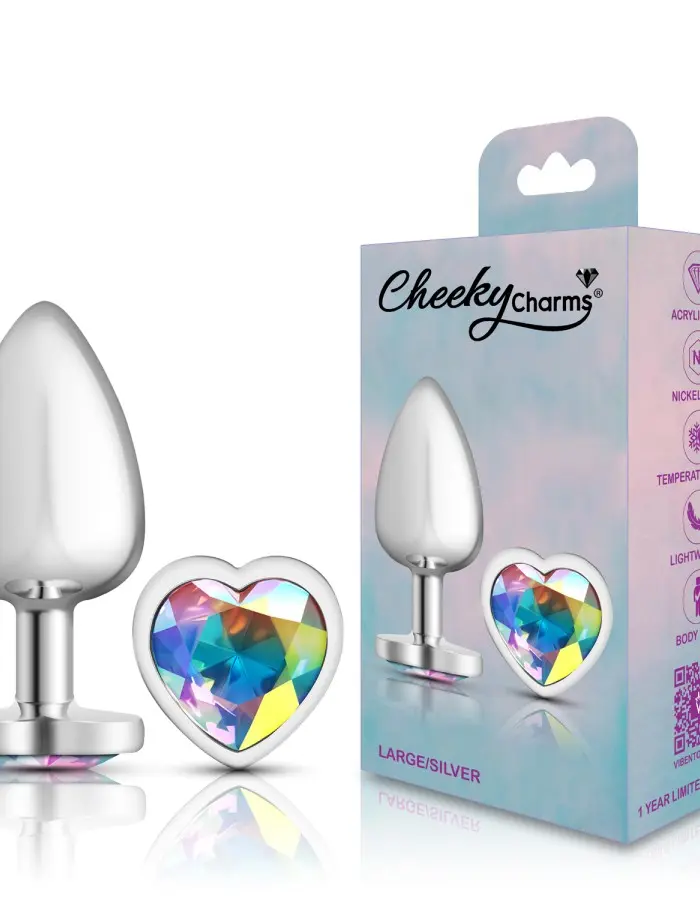 Clear Iridescent Heart Gem Silver Metal Plug - Lg