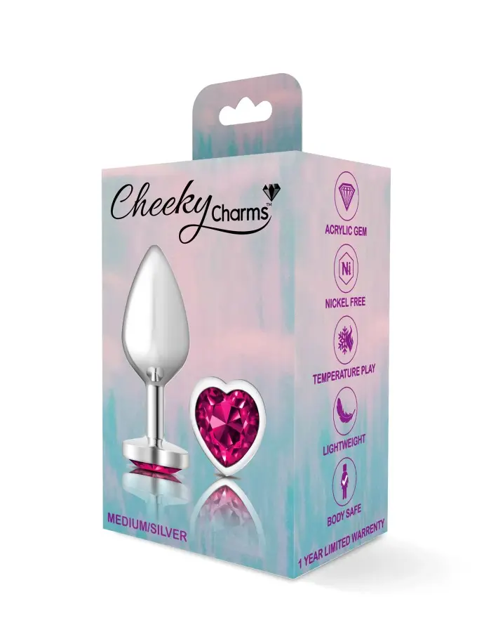 Bright Pink Heart Gem Silver Metal Plug - Md