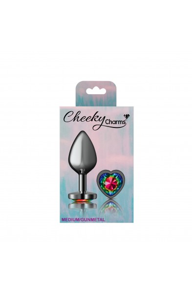 Cheeky Charms-Gunmetal Metal Buttplug- Heart-Rainbow-Medium