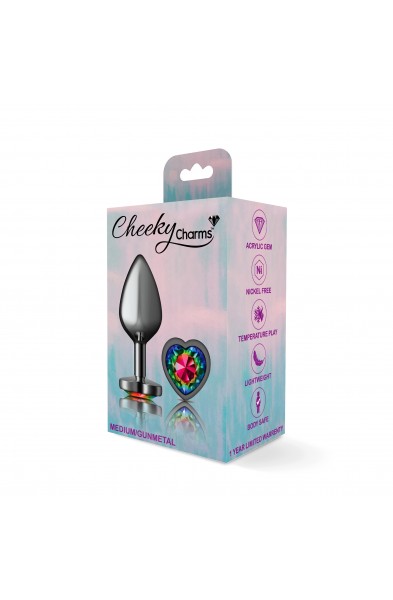 Cheeky Charms-Gunmetal Metal Buttplug- Heart-Rainbow-Medium