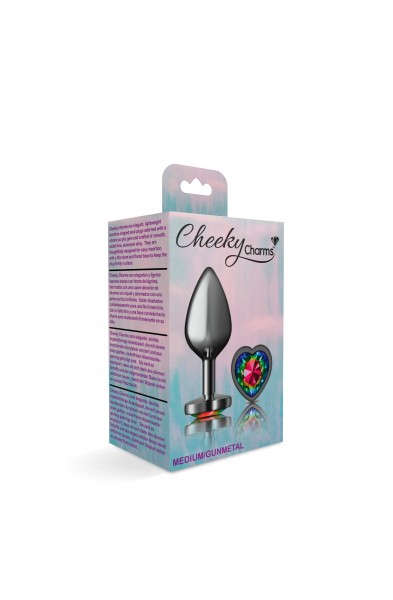 Cheeky Charms-Gunmetal Metal Buttplug- Heart-Rainbow-Medium