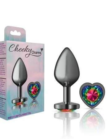 Rainbow Heart Gem Gunmetal Metal Plug - Md