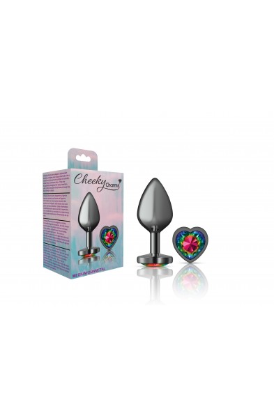 Cheeky Charms-Gunmetal Metal Buttplug- Heart-Rainbow-Medium