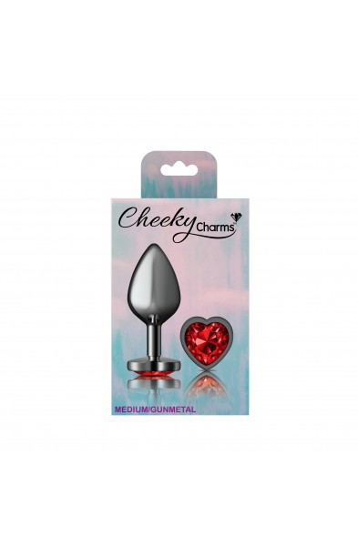 Cheeky Charms-Gunmetal Metal Butt Plug- Heart-Dark Red-Medium